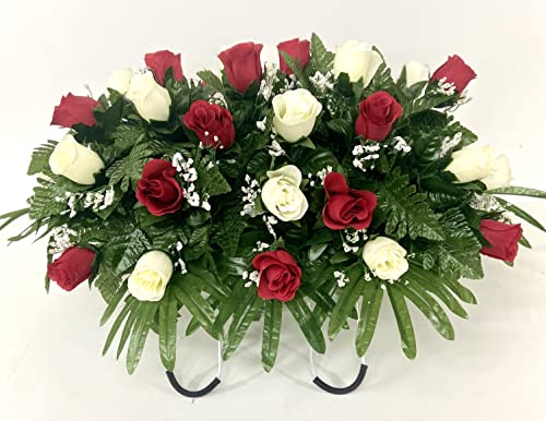 Product: Cemetery Headstone Saddle Flower Arrangement in Red and Cream Roses-Grave Marker Decoration, Sympathy Flowers