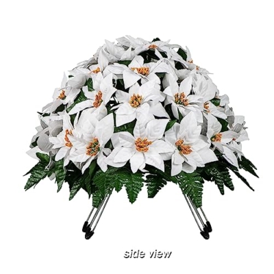 Product: Sympathy Silks Artificial Cemetery Flowers - Grave Decoration - Memorial Flowers - 30" White Poinsettia Saddle for Headstone