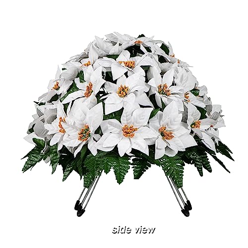 Product: Sympathy Silks Artificial Cemetery Flowers - Grave Decoration - Memorial Flowers - 30" White Poinsettia Saddle for Headstone