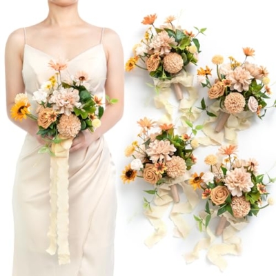 Product: Ling's Moment Artificial Flowers Sunflower Bridesmaid Bouquet Set of 4, Backyard Wedding Flowers Bouquets for Bridesmaids, 7 Inch Bridal Bouquets for Bridesmaids, Wedding, etc