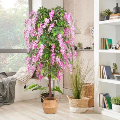 Silky Flower Store 6ft Artificial Wisteria Tree, Faux Floral Tree with Woven Seagrass Basket, Lifelike Indoor Outdoor Decor 6ft 13 13 Product: 6ft Artificial Tree Plants, Fake Wisteria Tree with Woven Seagrass Basket for Indoor Outdoor Home Decor Office Living Room Porch Patio Perfect Housewarming Gift (1)