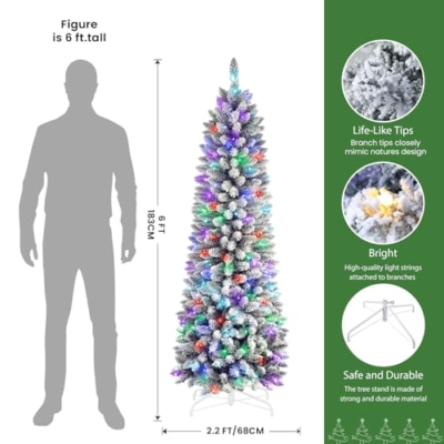 Silky Flower Store Prelit Snow Flocked Slim Pencil Christmas Tree, Remote RGB Lights, 6ft 15 15 Product: SHareconn 6ft Prelit Snow Flocked Slim Pencil Christmas Tree with Remote RGB Lights - Perfect Holiday Decoration