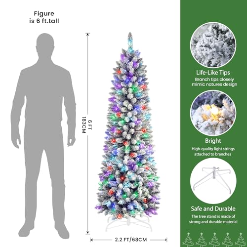 Silky Flower Store Prelit Snow Flocked Slim Pencil Christmas Tree, Remote RGB Lights, 6ft 6 6 Product: SHareconn 6ft Prelit Snow Flocked Slim Pencil Christmas Tree with Remote RGB Lights - Perfect Holiday Decoration