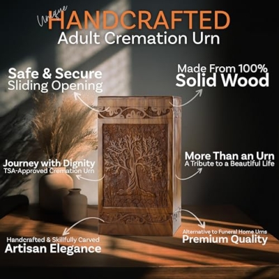 Silky Flower Store Handcarved Wooden Cremation Urn for Human Ashes, Tree of Life Memorial Urn, Adult Men Women, 250 lbs Capacity, 32.5cm 14 14 Product: INTAJ Handcarved Wooden Cremation Urn for Human Ashes - Tree of Life Design, 250 lbs Capacity, Suitable for Adult Men and Women - Decorative Funeral Urn Box and Casket