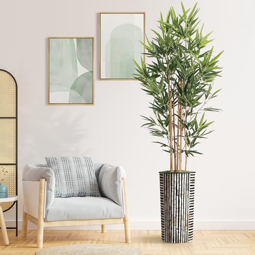 Product: Artificial Tree in Black and Brown Striped Planter, Fake Bamboo Silk Tree for Indoor and Outdoor Home Decoration - 70" Overall Tall (Plant Pot Plus Tree)
