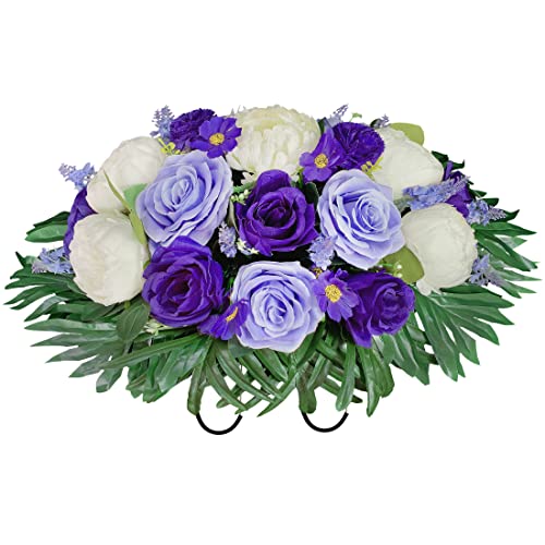 HENOMO Headstone Flower Saddle for Grave,Color-Non Bleed,Artificial Cemetery Flowers-Purple Rose and White Peony Mix Arrangement, Outdoor Graveside Decor - Artificial Roses Product: HENOMO Headstone Flower Saddle for Grave,Color-Non Bleed,Artificial Cemetery Flowers-Purple Rose and White Peony Mix Arrangement, Outdoor Graveside Decor