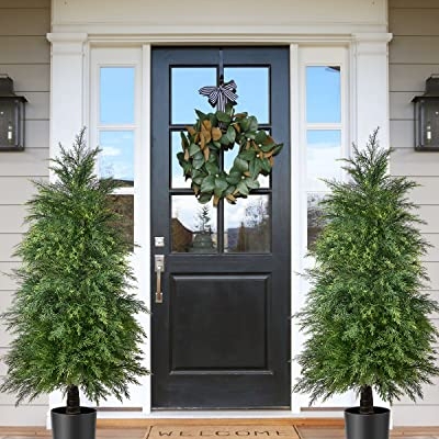 Product: YEMMEN 2 Pack 4ft Artificial Cedar Topiary Trees for Outdoor Front Porch Décor, UV Rated Fake Potted Plants for Indoor and Outdoor Use