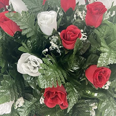 Product: Cemetery Saddle Headstone Decoration with Red and White Roses for Mother's Day, Father's Day, Memorial Day, and Labor Day