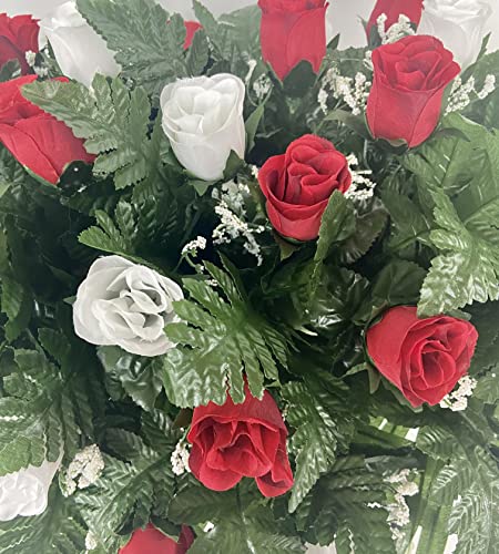 Product: Cemetery Saddle Headstone Decoration with Red and White Roses for Mother's Day, Father's Day, Memorial Day, and Labor Day
