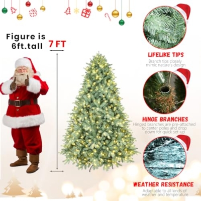 Silky Flower Store 7FT Prelit Blue Artificial Christmas Tree, Premium Spruce, 2518 Branch Tips, Warm White LED Lights, Hinged Branches, 7FT 14 14 Product: 7FT Prelit Blue Artificial Christmas Tree - Premium Spruce with 2518 Branch Tips for a Festive Holiday Decor