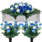 Product: XunYee 3 Pcs Artificial Cemetery Flower Set Cemetery Flowers Saddle Flowers Rose Bouquets with Vase 1 Saddle and 2 Memorial Bouquets for Outdoor Headstone Decor Grave(Blue, White)