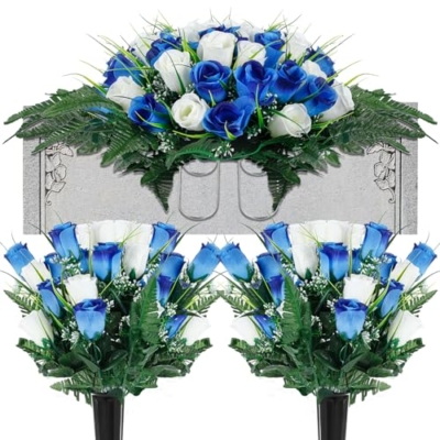 Product: XunYee 3 Pcs Artificial Cemetery Flower Set Cemetery Flowers Saddle Flowers Rose Bouquets with Vase 1 Saddle and 2 Memorial Bouquets for Outdoor Headstone Decor Grave(Blue, White)