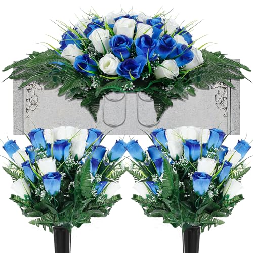 Product: XunYee 3 Pcs Artificial Cemetery Flower Set Cemetery Flowers Saddle Flowers Rose Bouquets with Vase 1 Saddle and 2 Memorial Bouquets for Outdoor Headstone Decor Grave(Blue, White)