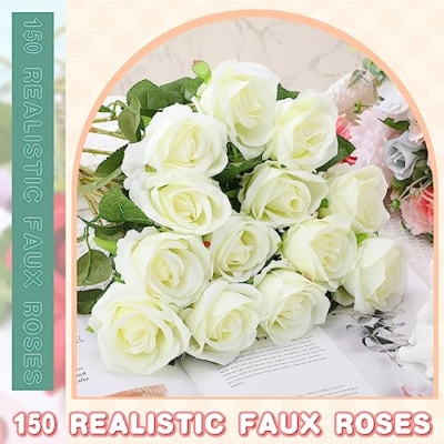 Silky Flower Store Artificial White Rose Flowers Bulk, Fake Silk Roses, 150 Pcs, Wedding Party Décor, 20in 9 9 Product: Tigeen 150 Pcs Artificial Rose Flowers Bulk, Fake Silk Roses Realistic Long Stem Flower Bouquets for Wedding Centerpieces Flower Arrangement Valentine's Day Home Party Decor(White)