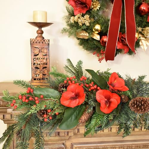 Product: EWGFDEMN 30" Red Amaryllis Teardrop Swag - Artificial Baby Breath Flowers for Festive Outdoor Christmas Door Decorations
