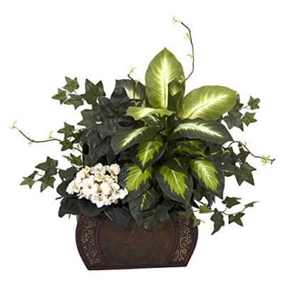 Product: Nearly Natural African Violet, Dieffenbachia & Ivy with Chest Silk Plant