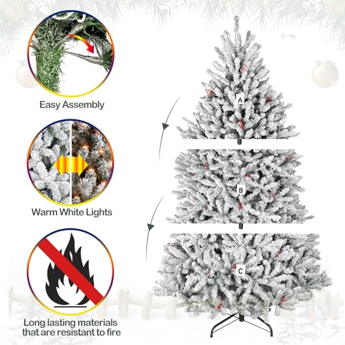 Product: Hykolity 6.5 ft Snow Flocked Prelit Christmas Tree, Artificial Christmas Tree with Pine Cones and Berries, 1854 PVC Branch Tips, 650 Warm White LED Lights, Metal Stand and Hinged Branches