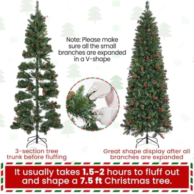 Silky Flower Store Pre Lit Slim Pencil Spruce Christmas Tree, Warm White Lights, Pine Cones, Metal Base, 7.5ft 15 15 Product: Yaheetech 7.5ft Pre-lit Pencil Spruce Christmas Tree, Artificial Slim Xmas Fir, Pre-Decorated for Home, Office, Party, Holiday Decor W/ 948 Tips, 350 Lights, Pine Cones, Metal Hinges & Base, Green