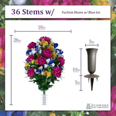 Product: Sympathy Silks Fuchsia Mums & Blue Iris Cemetery Flowers Bouquet with Vase - Artificial Gravesite Decor