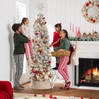 Product: Best Choice Products Flocked Pencil Christmas Tree, Pre-Lit Slim Artificial Holiday Decoration, 4.5ft Lighted Skinny w/Base, Warm White Lights
