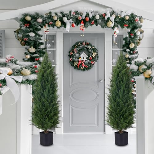Product: 3.5ft Artificial Cedar Topiary Tree Potted Plants with UV Resistant Leaves for Home and Office Decoration-2 Piece Set