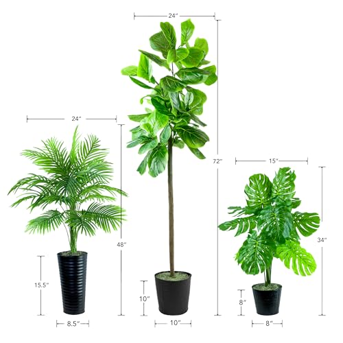 Product: LCG Florals Set of 3 Fig Trees in Black Metal Pots with Real-Wood Trunk - Low Maintenance Indoor and Outdoor Faux Plants for Living Rooms, Offices, Kitchens & Outdoor Spaces