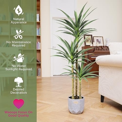 Product: Waoops Artificial Tree 5.3Ft Faux Agave Plant with 3 Heads in Plastic Pot Fake Tree for Home Decor Indoor or Outdoor Office Decoration Housewarming Gift