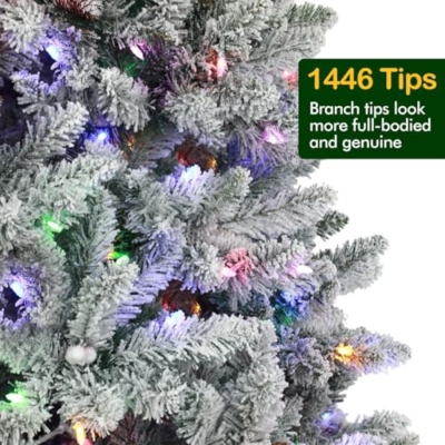Product: Hykolity 7.5ft Prelit Snow Flocked Christmas Tree, Artificial Christmas Pine Tree with 450 Multicolor LED Lights, 1446 Tips, Metal Stand and Hinged Branches, 10 Colors