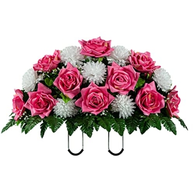 Product: Mother's Day - Artificial Cemetery Flowers Headstone Arrangement - 30" Pink Rose & White Mums Silk Flowers for Outdoor Grave - Decorations