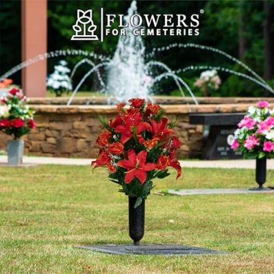 Product: Sympathy Silks Artificial Cemetery Flowers - Gravesite Flowers - Fire Red Lily, Rose, and Daisies