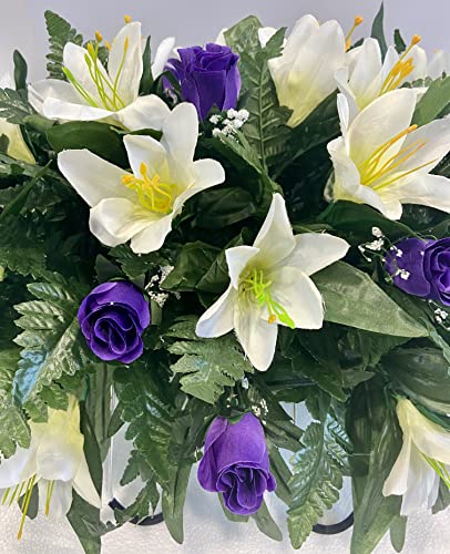 Silky Flower Store Purple Rose and Lily Cemetery Saddle, Spring Easter Grave Flowers, Artificial Headstone Arrangement, 3-4 Month 20.5cm 1 1 Product: Spring or Easter Cemetery Flowers for Headstone and Grave Decoration-Purple Rose and Lily Mix Saddle