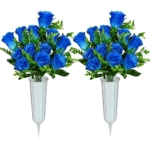 Product: Artificial Cemetery Flowers with Vase, Artificial White Rose Bouquet Grave Memorial Flowers for Cemetery Headstones Decoration, (Set of 2, Blue) Self-assemble