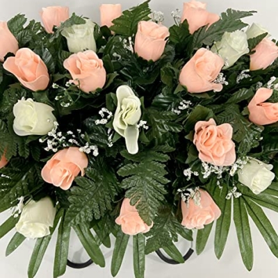 Product: Cemetery Headstone Saddle Flower Arrangement in Peach and Cream Roses-Grave Marker Decoration, Sympathy Flowers