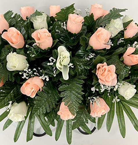 Product: Cemetery Headstone Saddle Flower Arrangement in Peach and Cream Roses-Grave Marker Decoration, Sympathy Flowers