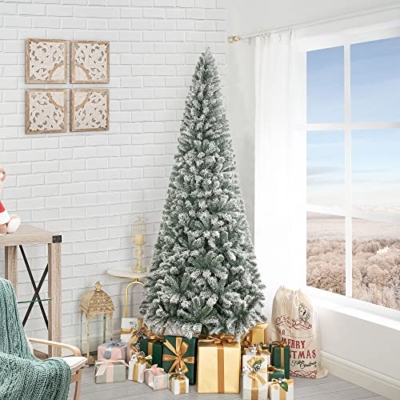 Product: Naomi Home Salzburg 6.5ft Frosted Prelit Slim Artificial Christmas Tree with 864 Branch Tips, 250 Warm Lights and Metal Stand, 30" Wide Realistic Snow Flocked Skinny Pencil Christmas Tree