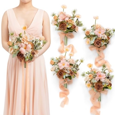 Product: Ling's Moment Artificial Flowers Apricot and Peach Bridesmaid Bouquet Set of 4, Peach Wedding Flowers Bouquets for Bridesmaids, 7 Inch Bridal Bouquets for Bridesmaids, Wedding, etc