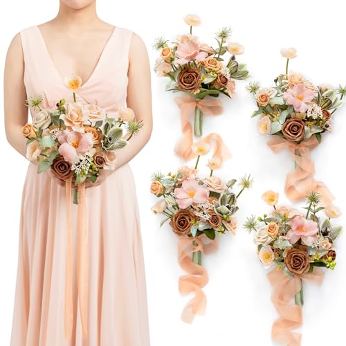 Product: Ling's Moment Artificial Flowers Apricot and Peach Bridesmaid Bouquet Set of 4, Peach Wedding Flowers Bouquets for Bridesmaids, 7 Inch Bridal Bouquets for Bridesmaids, Wedding, etc