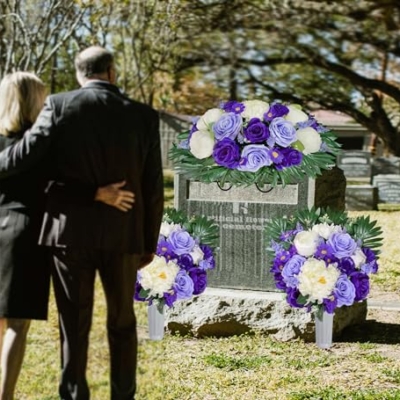 Silky Flower Store HENOMO Headstone Flower Saddle for Grave, Artificial Cemetery Flowers, Purple Rose White Peony Mix, Outdoor Graveside Decor 32.5cm 13 13 Product: HENOMO Headstone Flower Saddle for Grave,Color-Non Bleed,Artificial Cemetery Flowers-Purple Rose and White Peony Mix Arrangement, Outdoor Graveside Decor