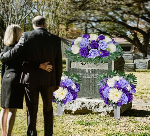 Silky Flower Store HENOMO Headstone Flower Saddle for Grave, Artificial Cemetery Flowers, Purple Rose White Peony Mix, Outdoor Graveside Decor 32.5cm 4 4 Product: HENOMO Headstone Flower Saddle for Grave,Color-Non Bleed,Artificial Cemetery Flowers-Purple Rose and White Peony Mix Arrangement, Outdoor Graveside Decor