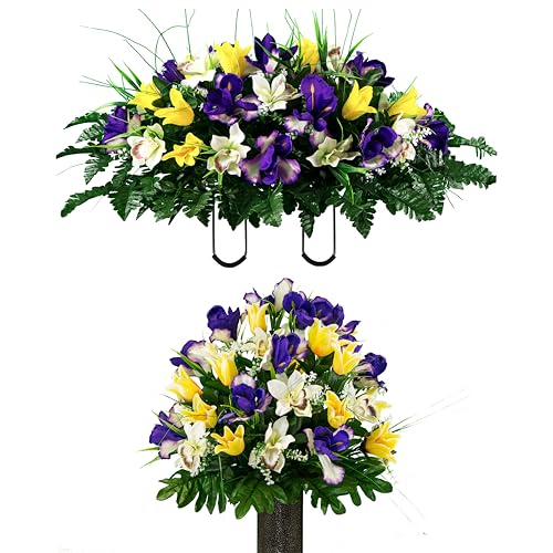 Product: Sympathy Silks Artificial Cemetery Flowers – Realistic Vibrant Tulips Outdoor Grave Decorations - 2 Yellow Tulip Purple Iris Bouquets and 1 Matching Saddle