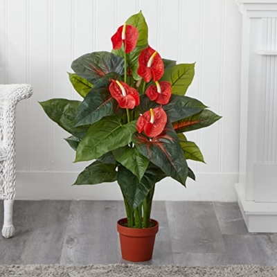 Silky Flower Store Nearly Natural Red Anthurium Silk Plant Real Touch, Artificial Lush Greenery Crimson Flowers, 3ft 5 5 Product: Nearly Natural 3ft. Anthurium Silk Plant (Real Touch), Red