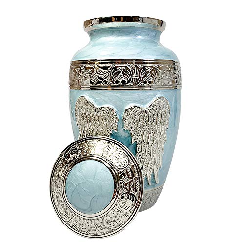 Product: Blue Angel Funeral Cremation Urn, Brass Large Angel Wings Urn with Custom Engraving