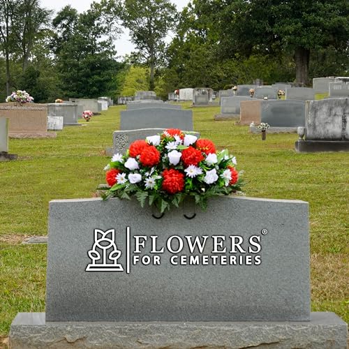 Product: Sympathy Silks Artificial Cemetery Flowers - Outdoor Grave Decorations - Christmas Decor - 1 Red Mum and White Rose Saddle for Headstone