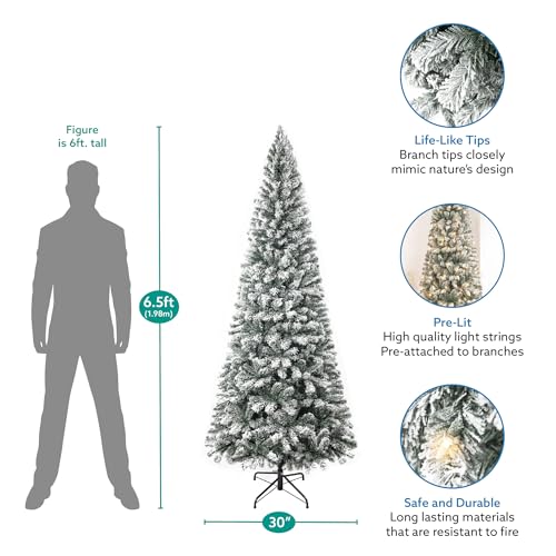 Product: Naomi Home Salzburg 6.5ft Frosted Prelit Slim Artificial Christmas Tree with 864 Branch Tips, 250 Warm Lights and Metal Stand, 30" Wide Realistic Snow Flocked Skinny Pencil Christmas Tree