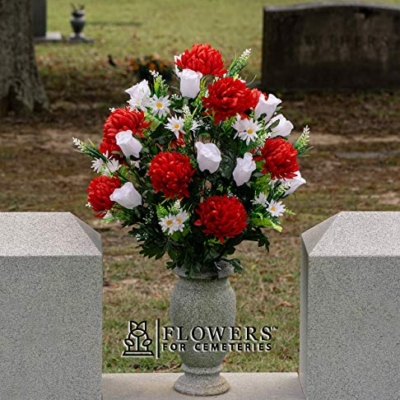 Silky Flower Store Artificial Cemetery Flowers, Sympathy Silks Red Mum White Rose Bouquet, Outdoor Grave Decorations, Non Bleed Colors, 20.5cm 10 10 Product: Sympathy Silks Artificial Cemetery Flowers – Realistic Vibrant Roses, Outdoor Grave Decorations - Non-Bleed Colors, and Easy Fit - 1 Red Mum and White Rose Bouquet