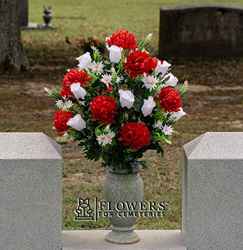 Silky Flower Store Artificial Cemetery Flowers, Sympathy Silks Red Mum White Rose Bouquet, Outdoor Grave Decorations, Non Bleed Colors, 20.5cm 1 1 Product: Sympathy Silks Artificial Cemetery Flowers – Realistic Vibrant Roses, Outdoor Grave Decorations - Non-Bleed Colors, and Easy Fit - 1 Red Mum and White Rose Bouquet