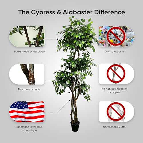 Product: Cypress & Alabaster Handmade 6.5ft 3-Tier Ficus Artificial Tree with Ethically Sourced Real Wood Trunks, Hypoallergenic, 6.5-Foot, Green