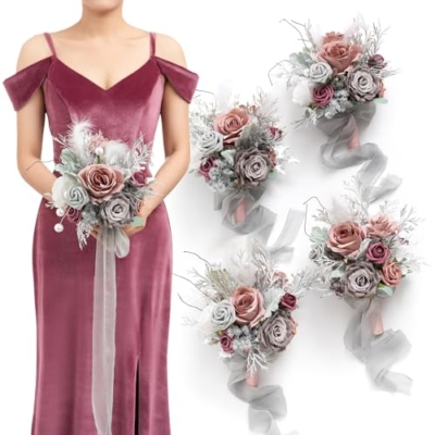 Product: Ling's Moment Artificial Flowers Dusty & Gray Bridesmaid Bouquet Set of 4, Gray Wedding Flowers Bouquets for Bridesmaids, 7 Inch Bridal Bouquets for Bridesmaids, Wedding, etc