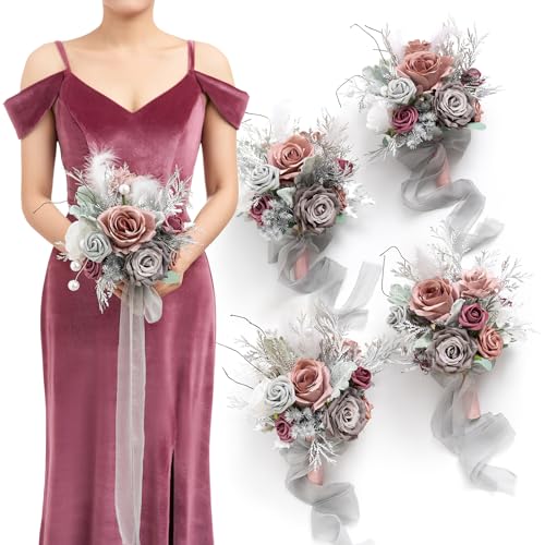 Ling's Moment Artificial Flowers Dusty & Gray Bridesmaid Bouquet Set of 4, Gray Wedding Flowers Bouquets for Bridesmaids, 7 Inch Bridal Bouquets for Bridesmaids, Wedding, etc - Artificial Flower Arrangements Product: Ling's Moment Artificial Flowers Dusty & Gray Bridesmaid Bouquet Set of 4, Gray Wedding Flowers Bouquets for Bridesmaids, 7 Inch Bridal Bouquets for Bridesmaids, Wedding, etc