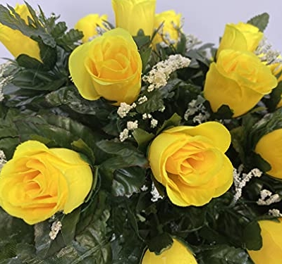 Silky Flower Store Yellow Rose Baby's Breath Cemetery Headstone Saddle Arrangement, Faux Memorial Flowers, Low Maintenance 3-4 Months 20.5cm 7 7 Product: Yellow Rose with Baby's Breath Flowers Cemetery Headstone Saddle Arrangement